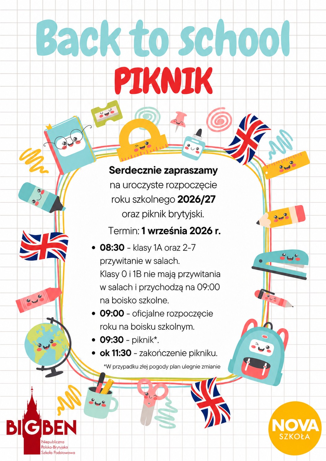 Serdecznie zapraszamy na uroczyste rozpoczęcie roku szkolnego 2026/27 oraz piknik brytyjski